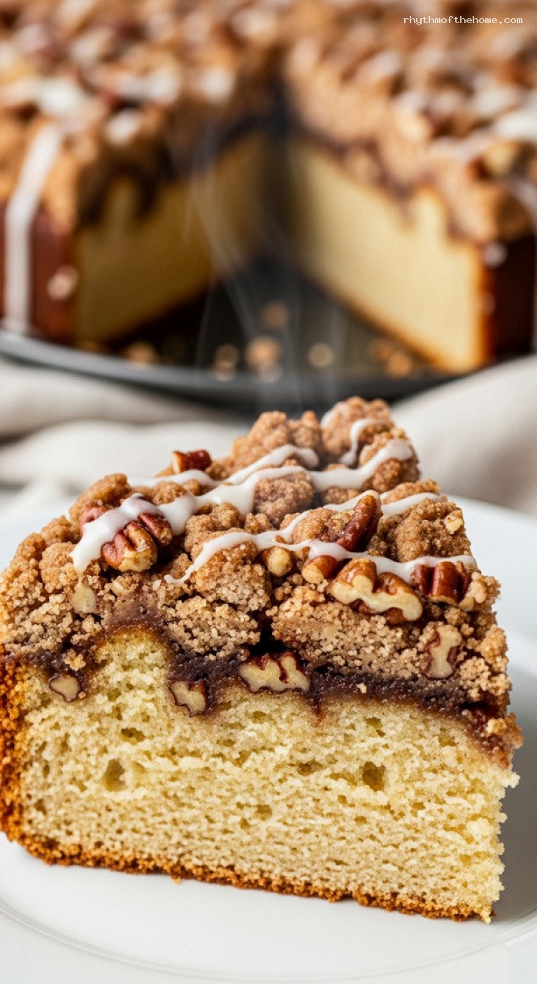 Cinnamon Pecan Coffee Cake with Tender Vanilla Crumb – Closeup