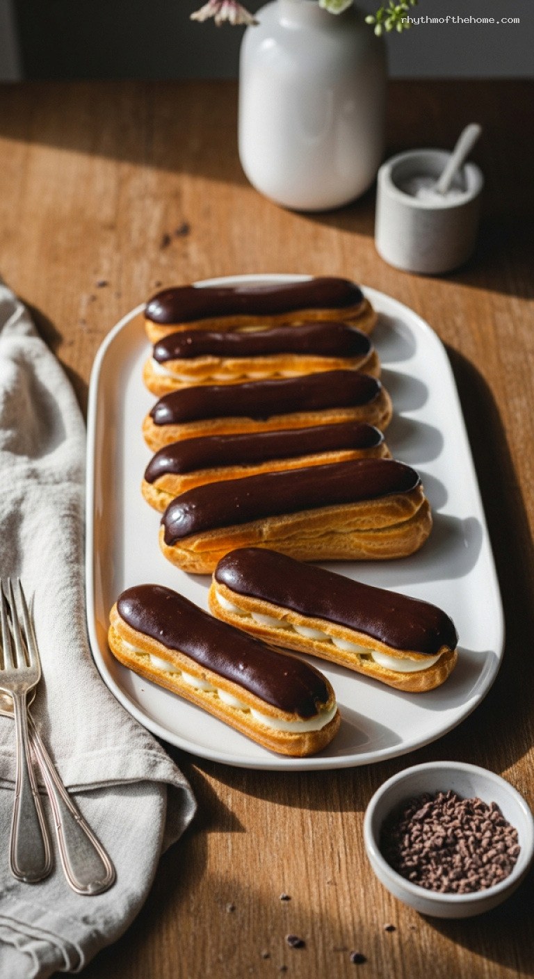 Classic Éclairs with Vanilla Pastry Cream and Chocolate Glaze
