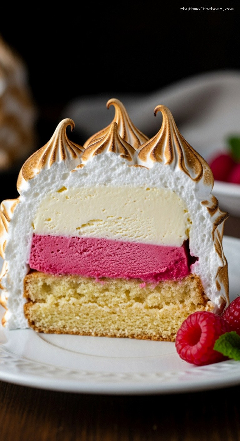 Classic Baked Alaska with Toasted Meringue Dome – Closeup