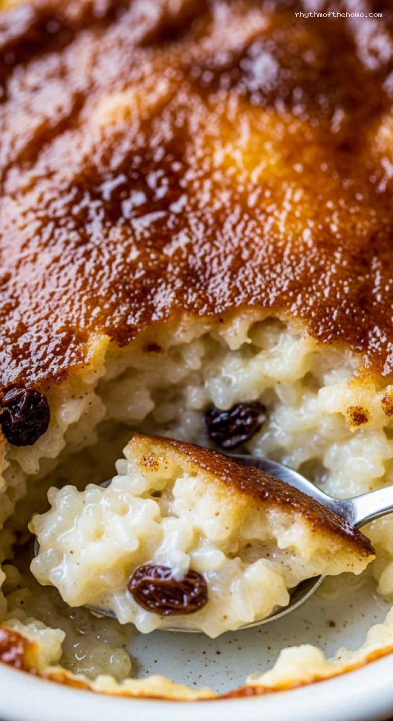 Classic Baked Rice Pudding With Caramelized Top – Closeup