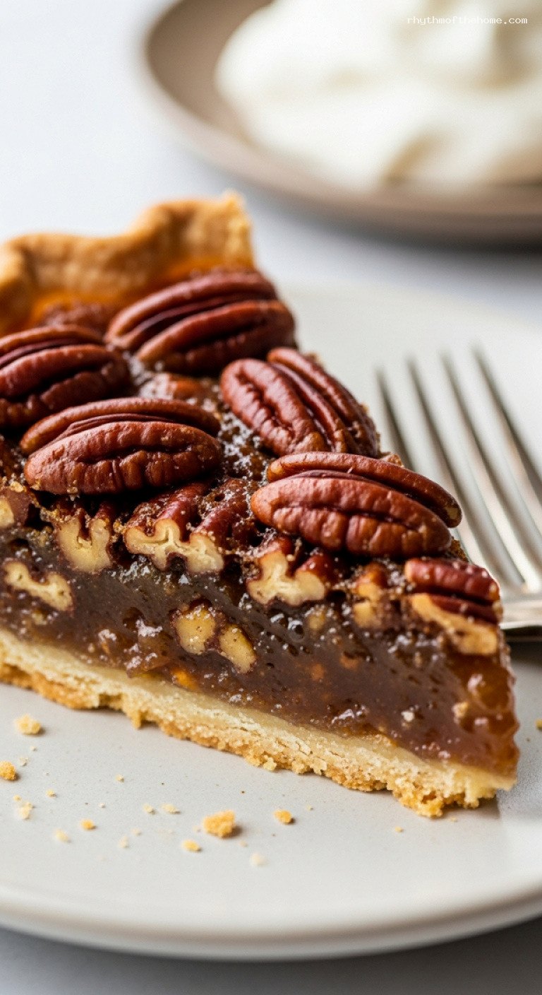 Classic Bourbon Pecan Pie with Buttery Flaky Crust – Closeup