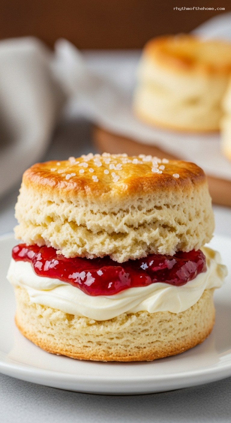 Classic Buttery Scones with Jam and Clotted Cream – Closeup