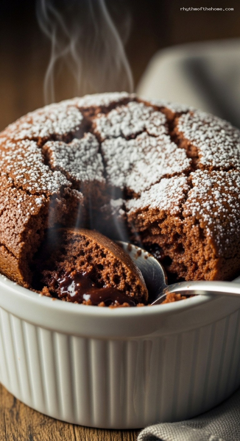 Classic Chocolate Soufflé with Delicate Crisp Top – Closeup