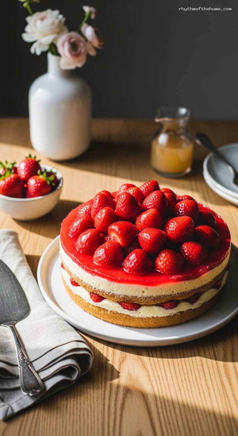 Classic German Strawberry Sponge Cake with Vanilla Pudding