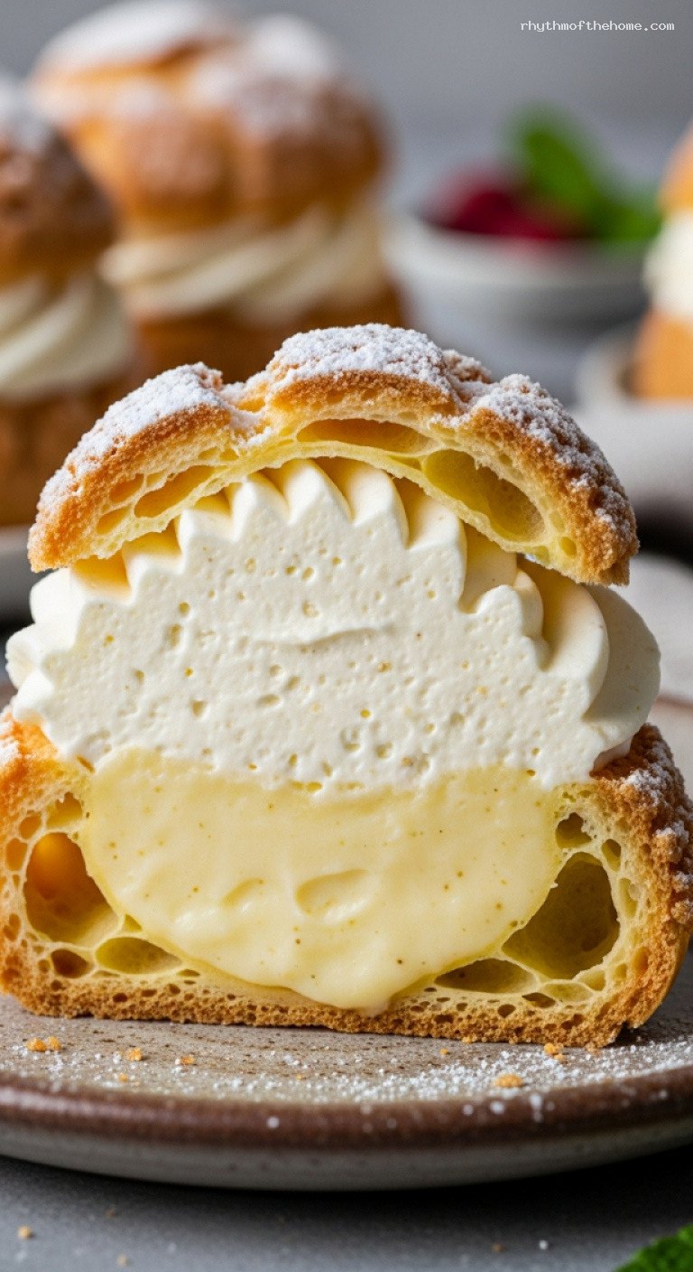 Classic German Windbeutel Cream Puffs with Whipped Cream – Closeup