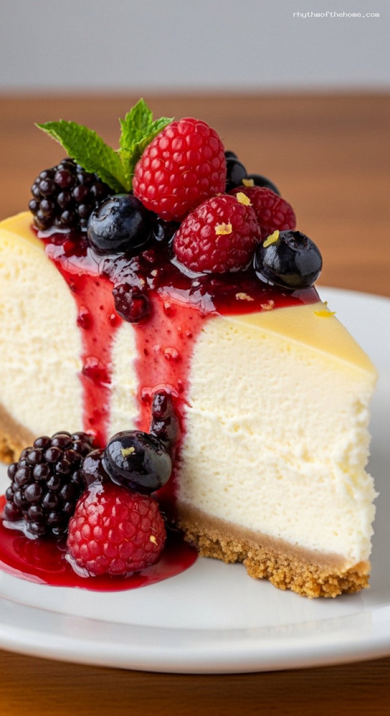 Classic New York Cheesecake With Mixed Berry Compote – Closeup
