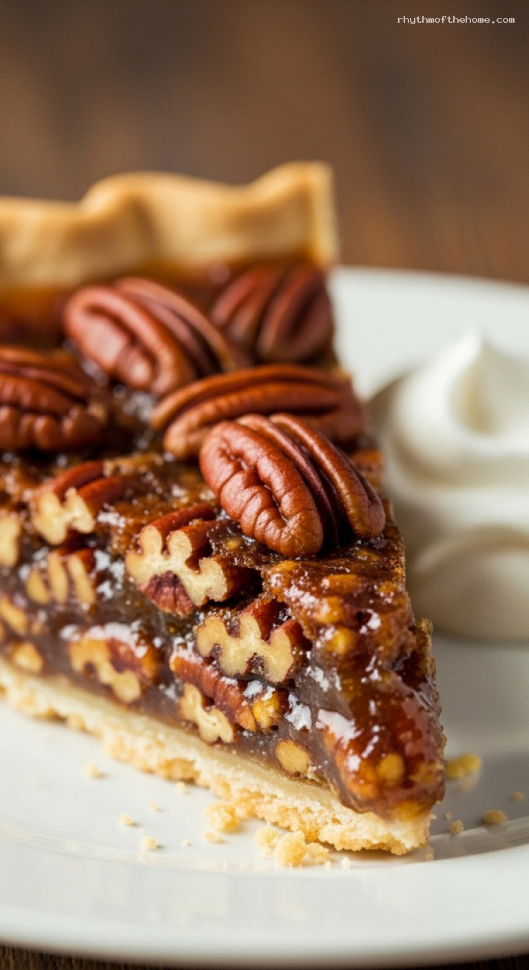 Classic Pecan Pie with Toasted Pecans and Brown Sugar – Closeup