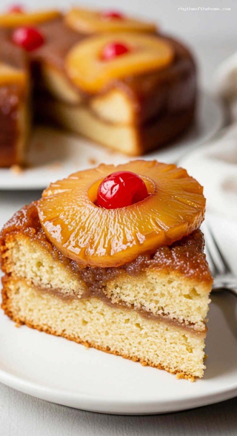 Classic Pineapple Upside-Down Cake with Caramelized Fruit – Closeup