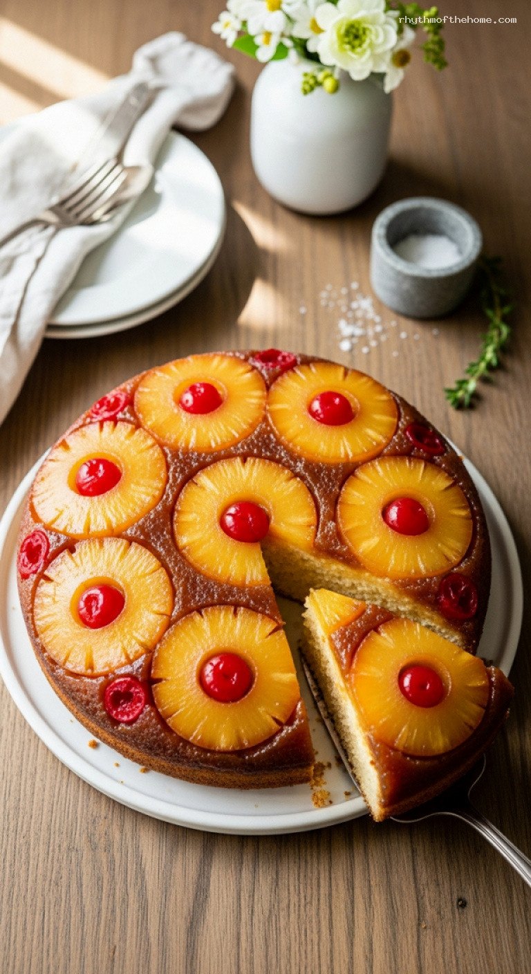 Classic Pineapple Upside-Down Cake with Caramelized Pineapple and Cherries