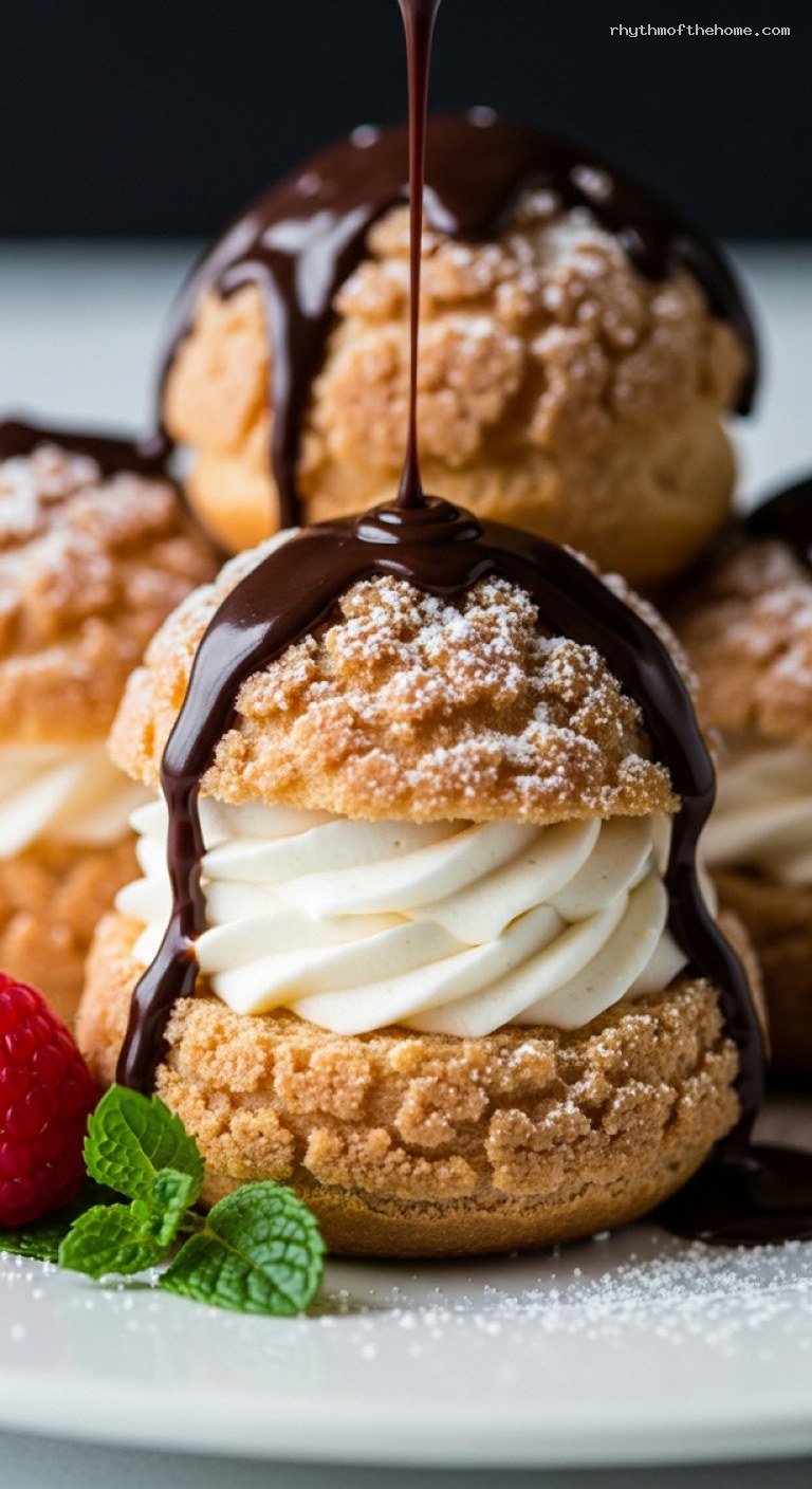 Classic Profiteroles with Cream Filling and Chocolate Sauce – Closeup