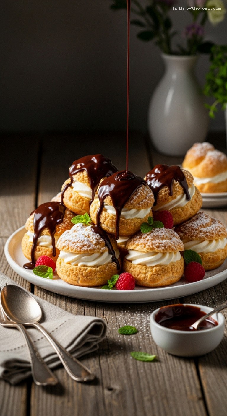 Classic Profiteroles with Cream Filling and Chocolate Sauce