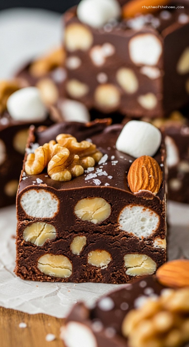Classic Rocky Road Fudge with Marshmallows and Nuts – Closeup