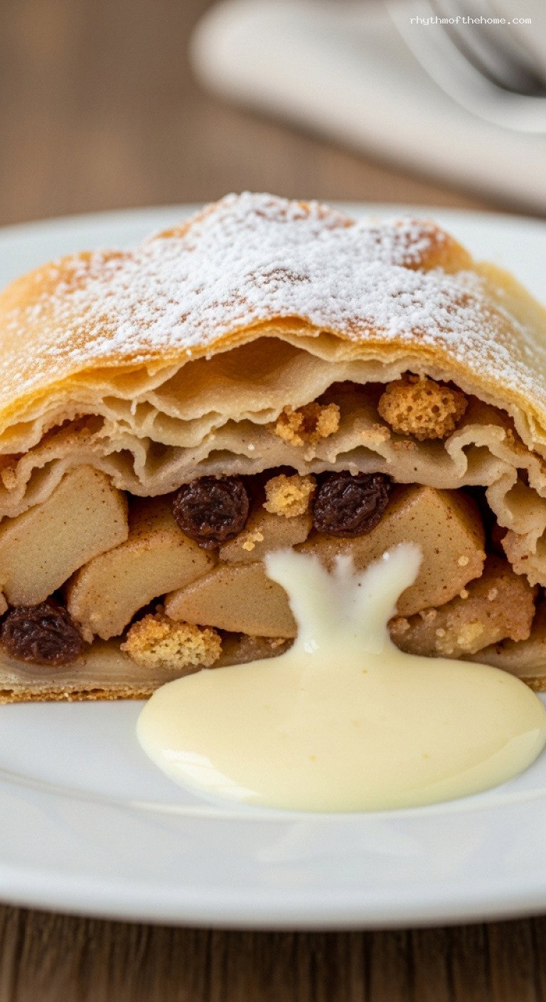 Classic Viennese Apfelstrudel With Cinnamon Apples and Raisins – Closeup