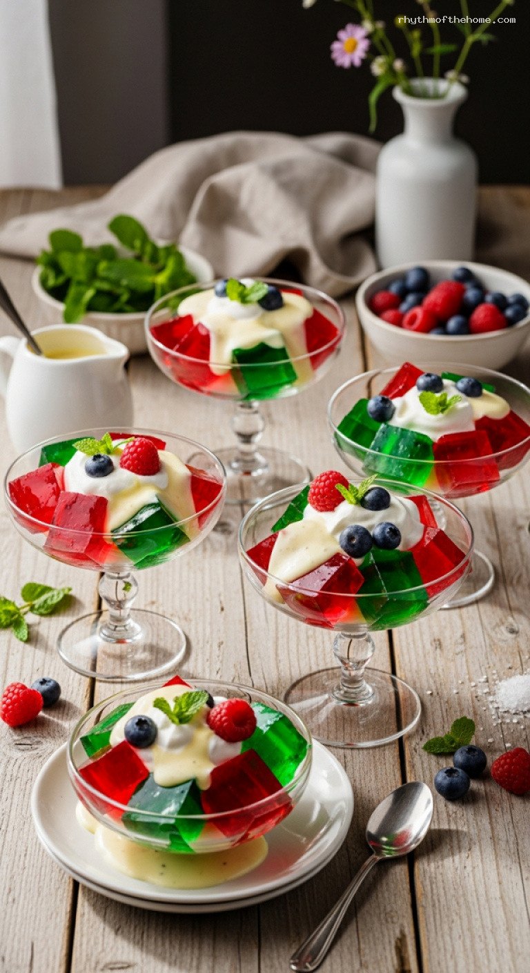 Colorful Wobbly Götterspeise With Chilled Vanilla Sauce