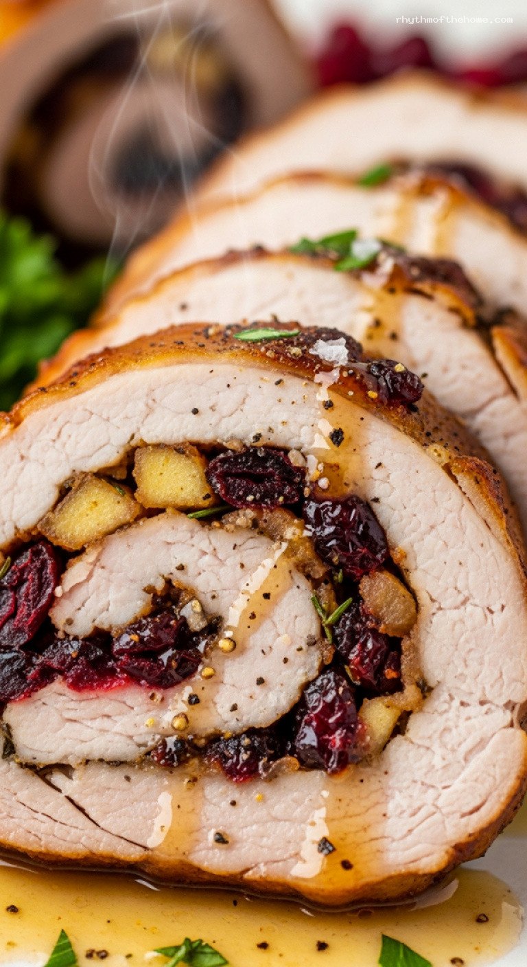 Cranberry Apple Stuffed Pork Loin With Cider Glaze – Closeup