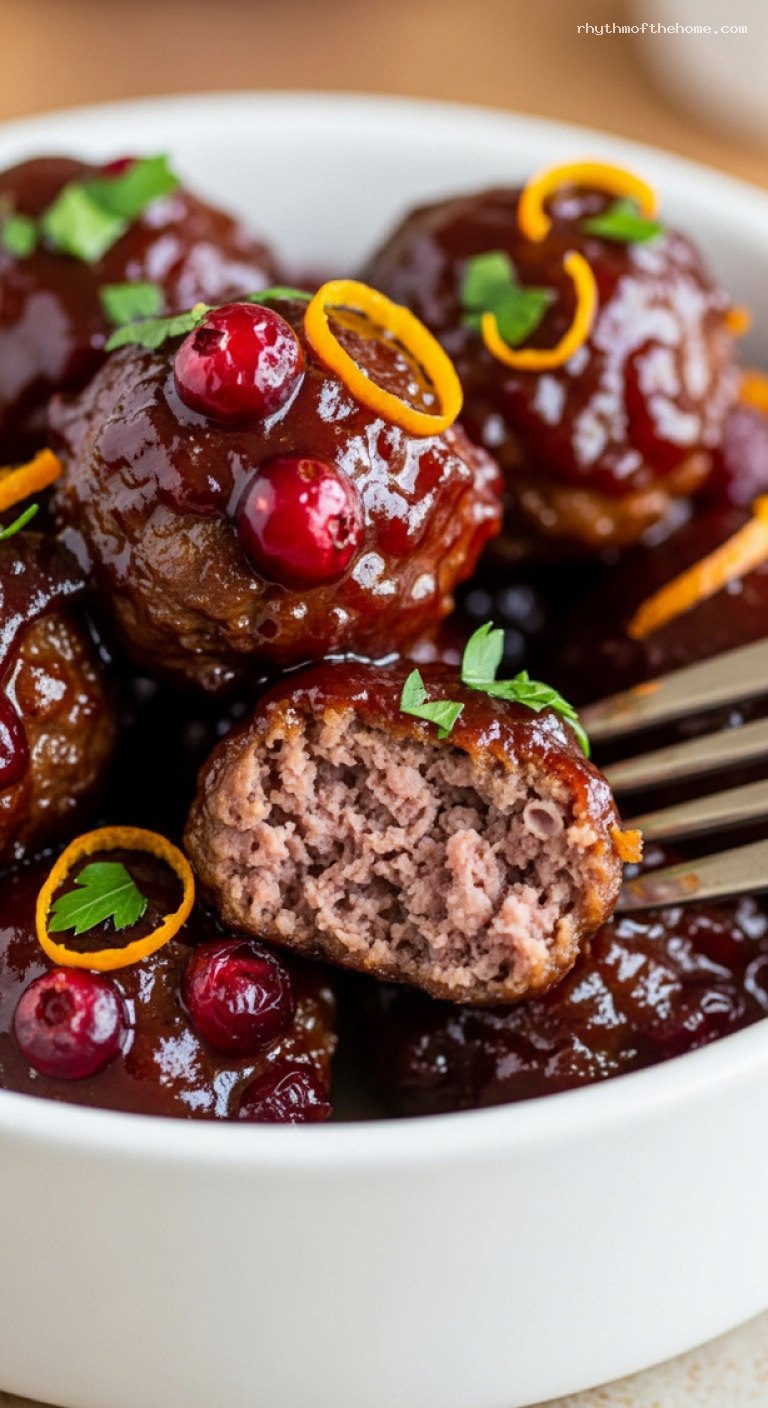 Cranberry Glazed Cocktail Meatballs with Orange and Clove – Closeup