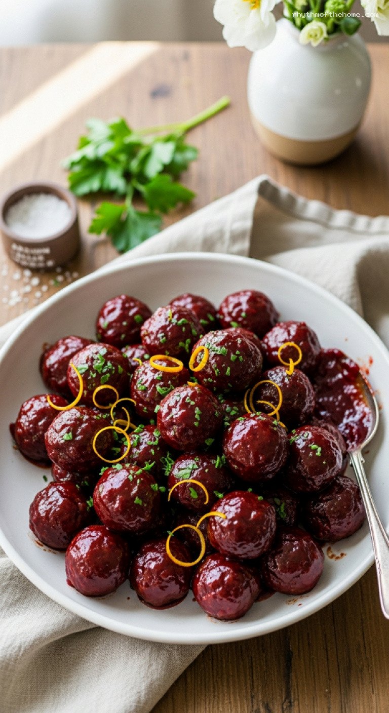 Cranberry Glazed Cocktail Meatballs with Orange and Clove