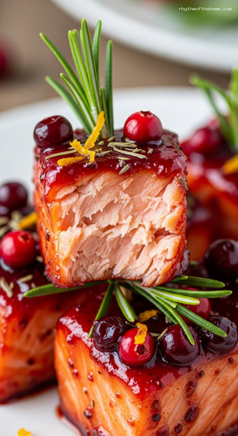 Cranberry-Glazed Salmon Bites with Rosemary Skewers – Closeup