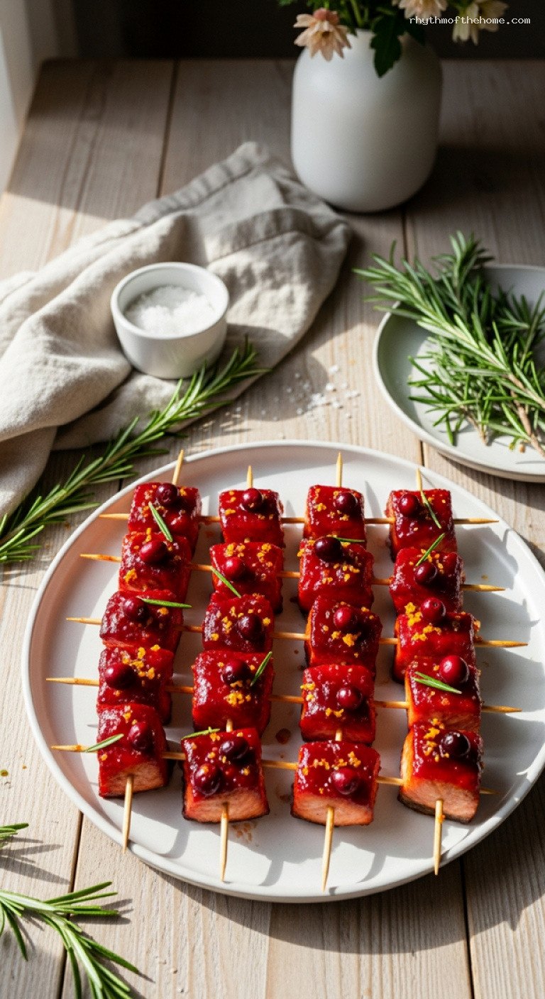 Cranberry-Glazed Salmon Bites with Rosemary Skewers