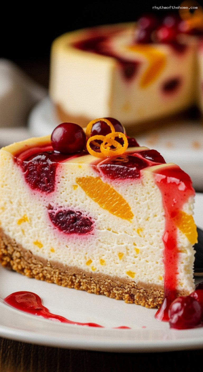Cranberry Orange Swirl Cheesecake With Ginger Cookie Crust – Closeup