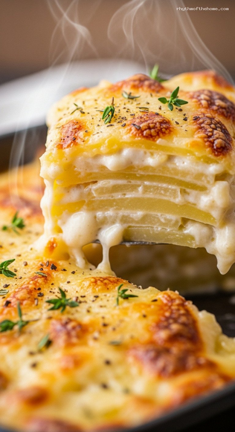 Creamy Garlic Potato Gratin Dauphinois With Gruyère – Closeup
