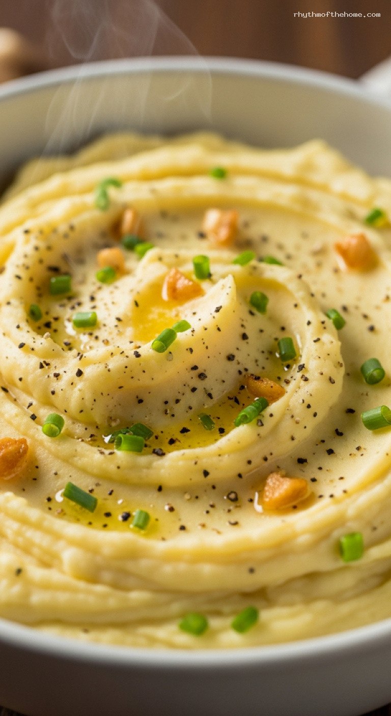 Creamy Roasted Garlic Mashed Potatoes With Chives – Closeup