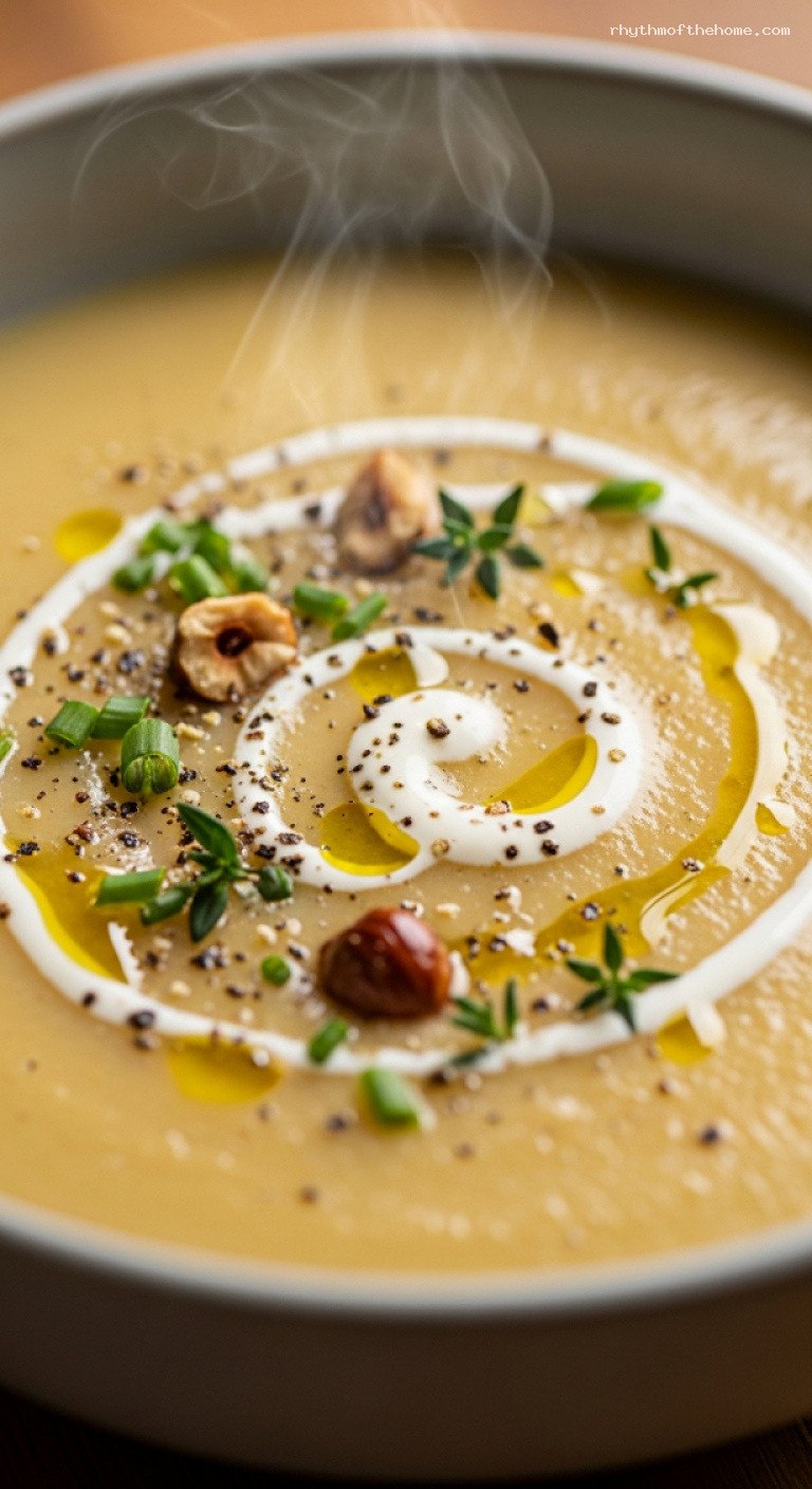 Creamy Roasted Parsnip and Pear Soup with Crème Fraîche – Closeup