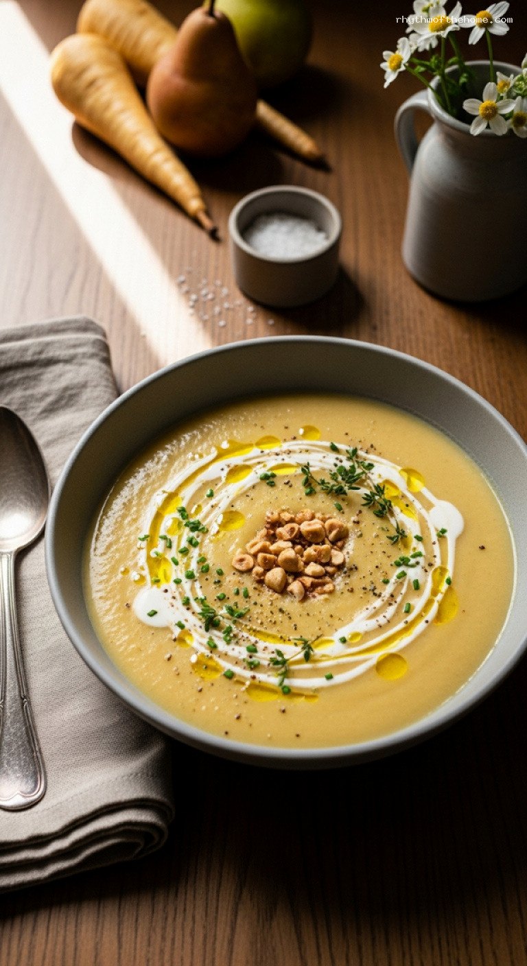 Creamy Roasted Parsnip and Pear Soup with Crème Fraîche
