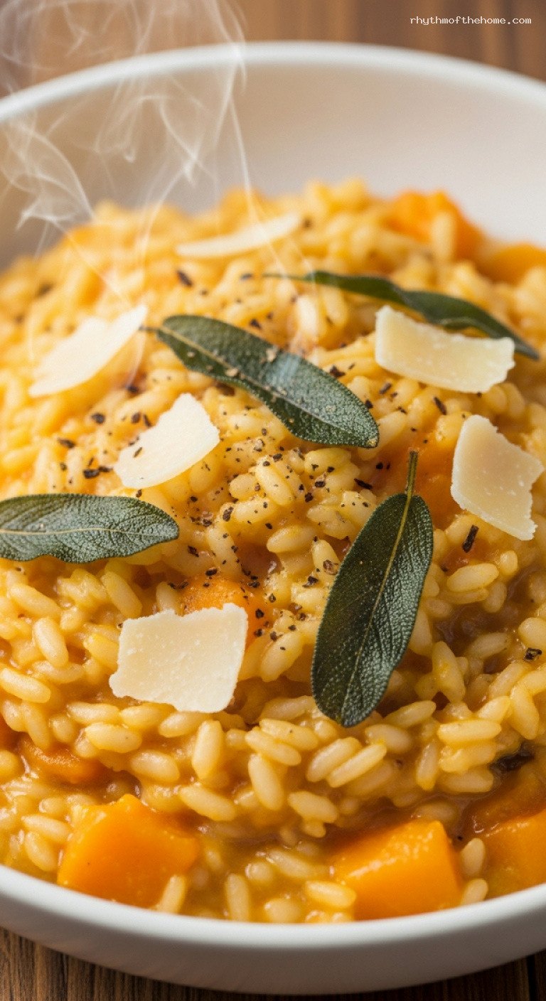 Creamy Winter Squash Risotto With Crispy Sage – Closeup