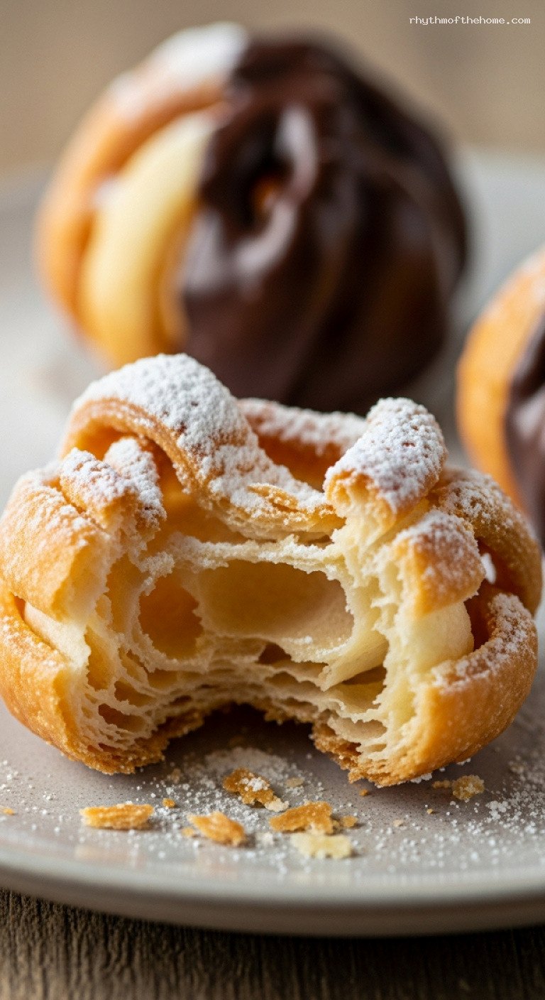 Crispy German Schneeballen Snowball Pastries with Chocolate – Closeup