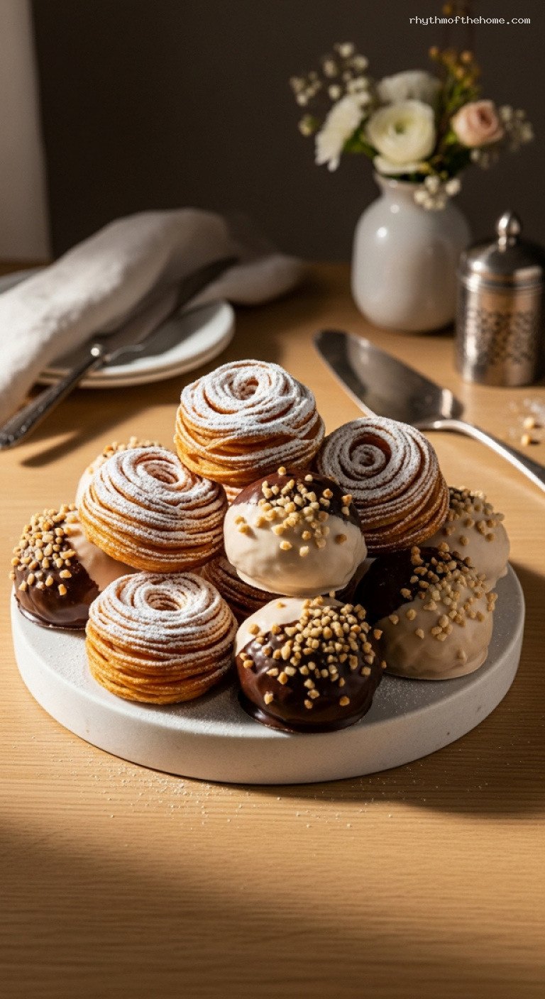 Crispy German Schneeballen Snowball Pastries with Chocolate