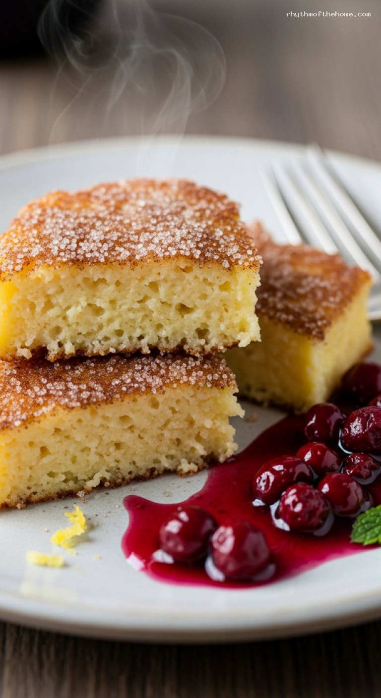 Crispy Semolina Grießschnitten With Cinnamon Sugar and Compote – Closeup
