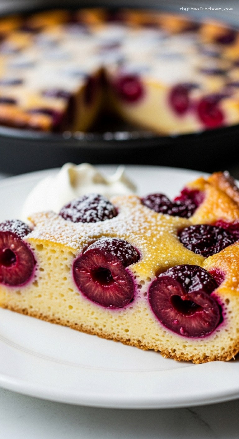Easy French Cherry Clafoutis Baked Custard Dessert – Closeup