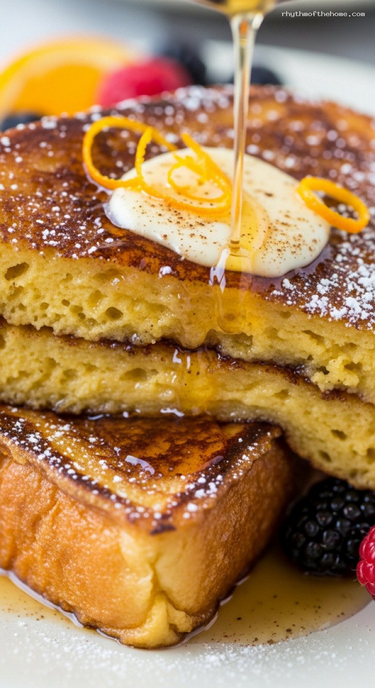 Eggnog Brioche French Toast with Warm Maple Butter – Closeup