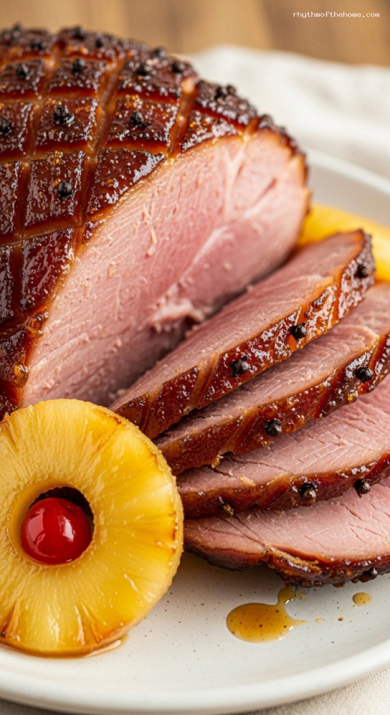 Festive Brown Sugar Bourbon Ham With Caramelized Pineapple – Closeup