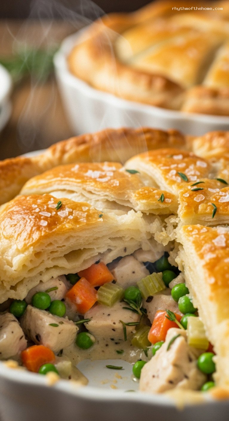 Festive Chicken Pot Pie With Puff Pastry Lid – Closeup