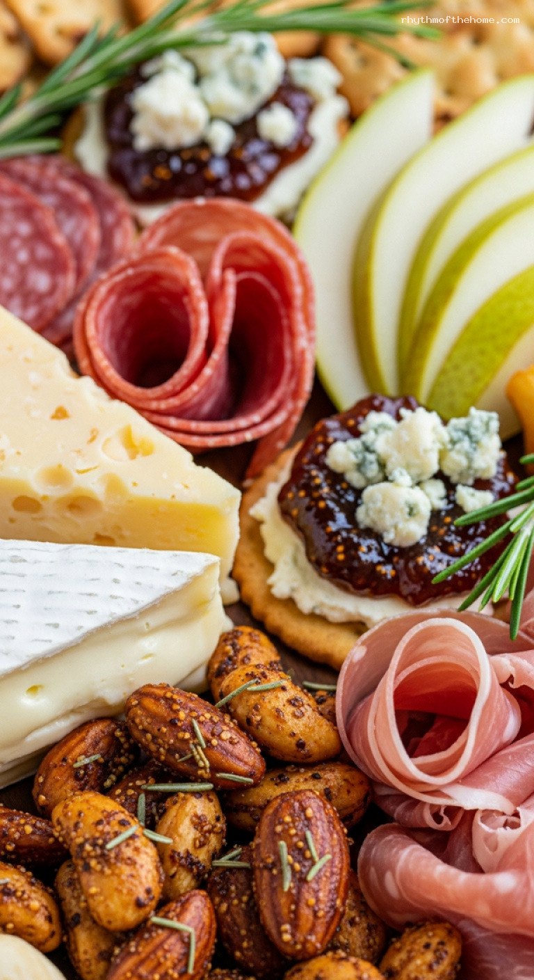 Festive Holiday Charcuterie Board With Cheeses, Cured Meats and Fruit – Closeup