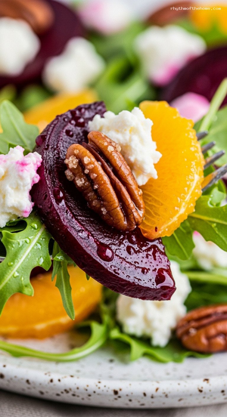 Festive Roasted Beet Salad with Goat Cheese and Candied Pecans – Closeup