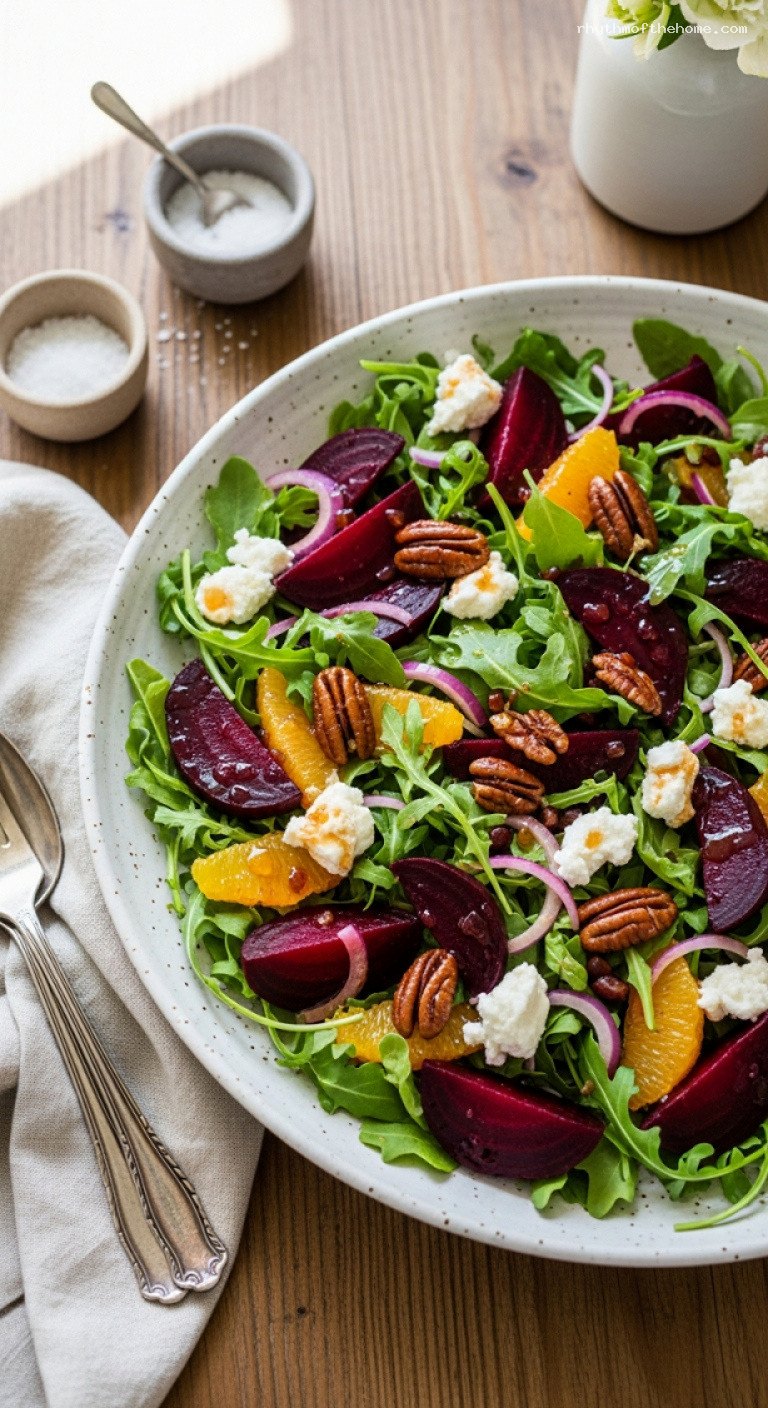 Festive Roasted Beet Salad with Goat Cheese and Candied Pecans