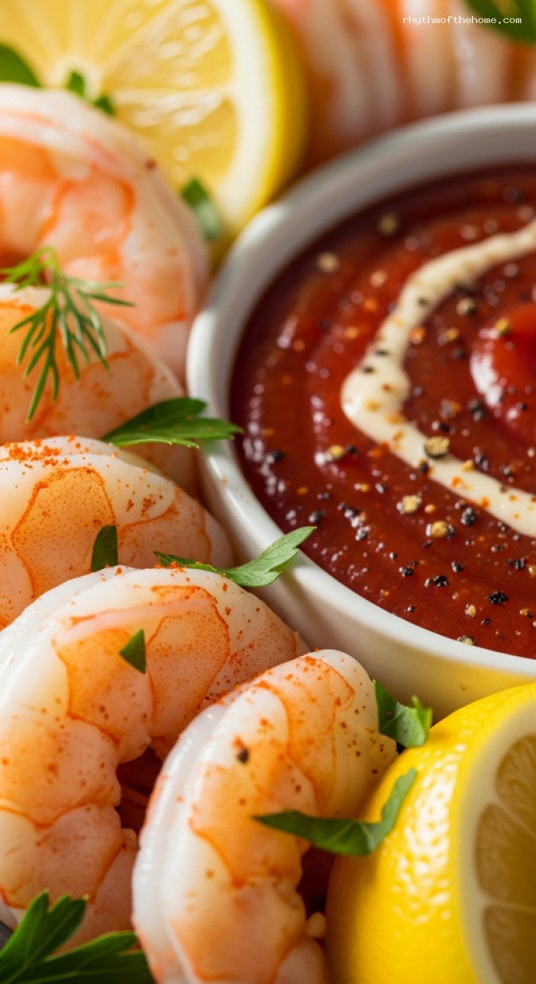 Festive Shrimp Cocktail Platter With Zesty Horseradish Sauce – Closeup