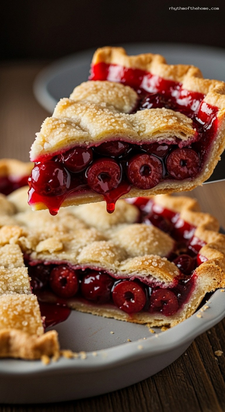 Flaky Double-Crust Sour Cherry Pie – Closeup