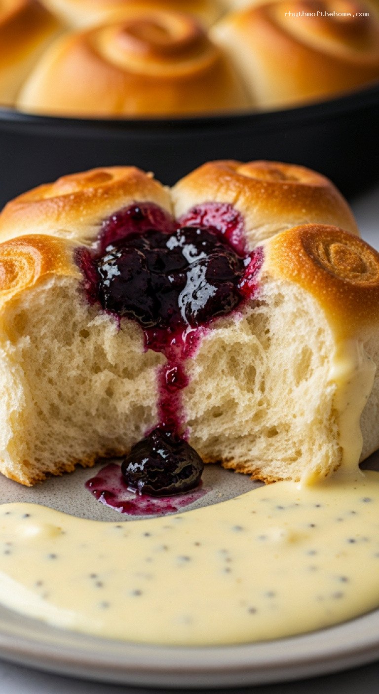 Fluffy Buchteln With Plum Jam and Vanilla Sauce – Closeup