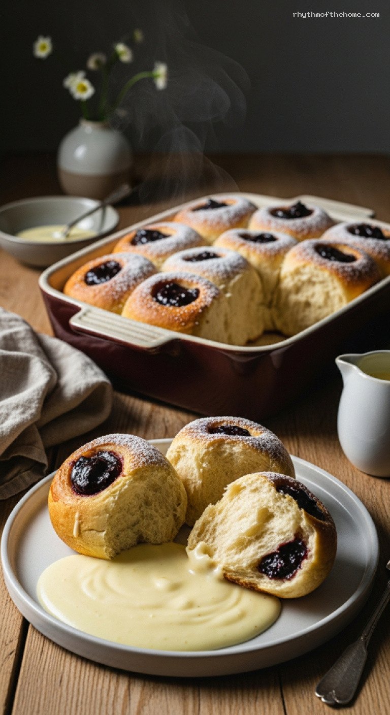 Fluffy Buchteln With Plum Jam and Vanilla Sauce