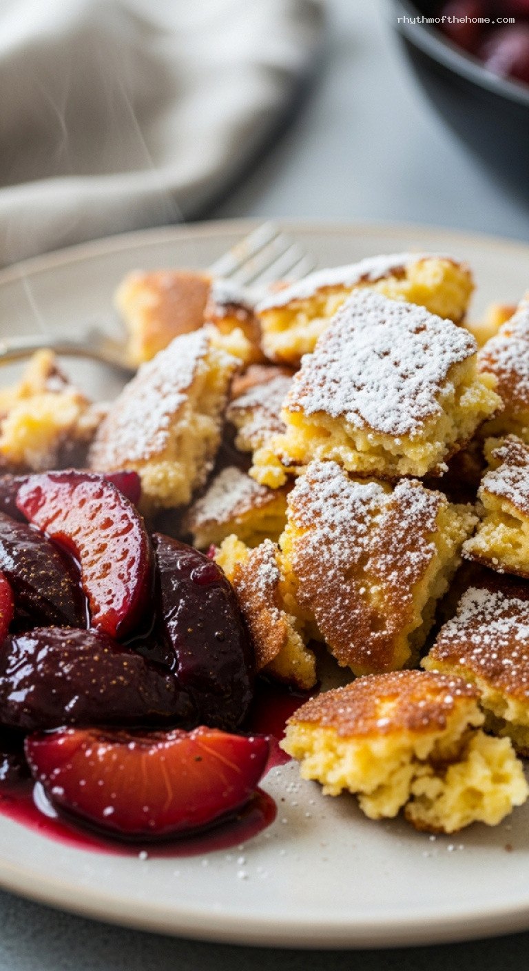 Fluffy Kaiserschmarrn with Caramelized Edges and Plum Compote – Closeup