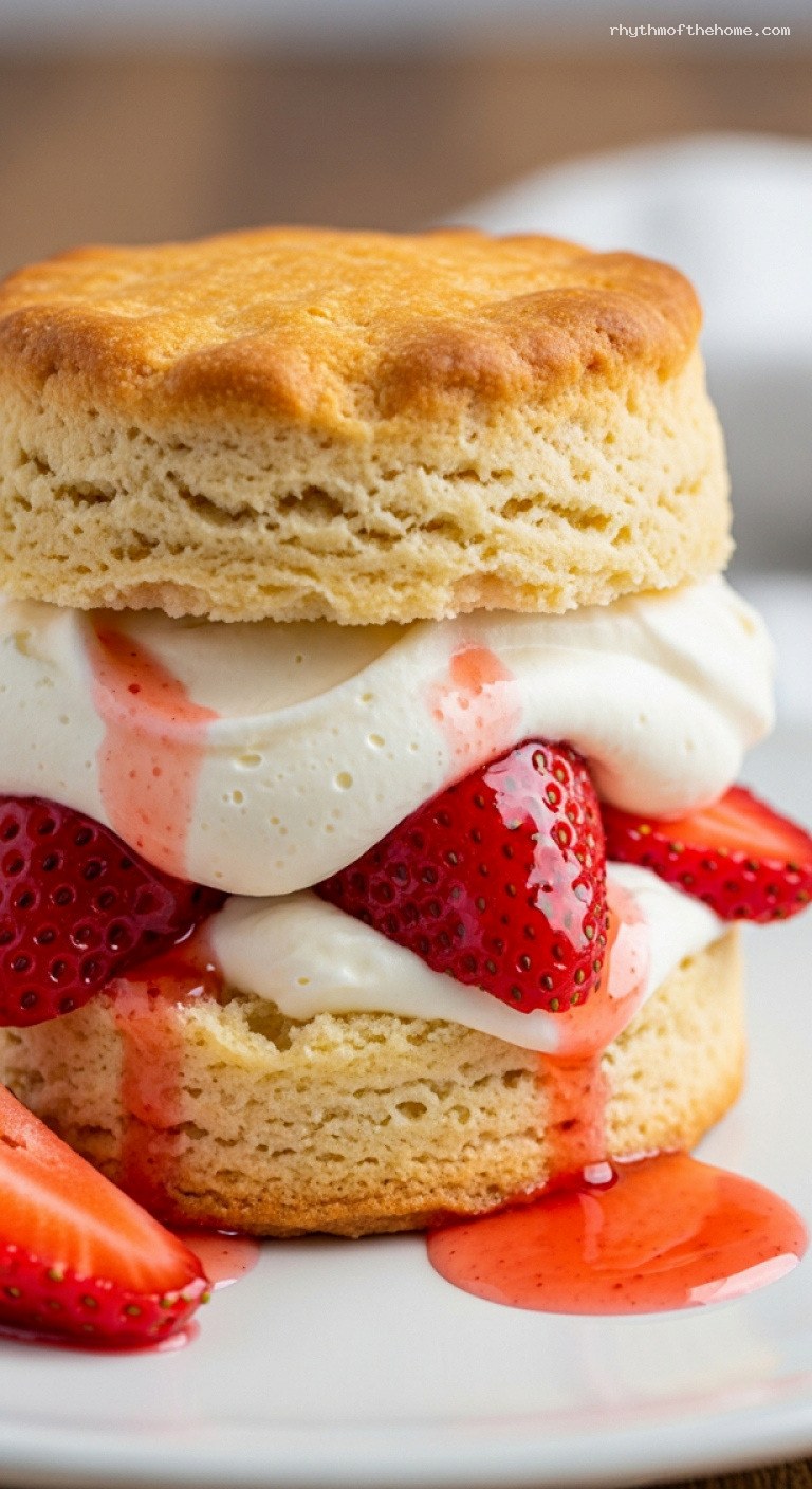Fluffy Strawberry Shortcake Biscuits With Fresh Berries and Cream – Closeup