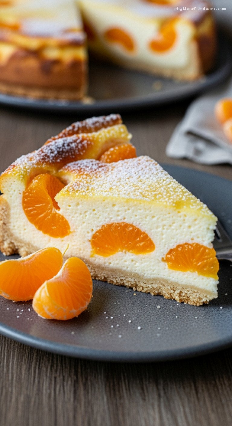 German Käsekuchen with Juicy Mandarin Oranges – Closeup