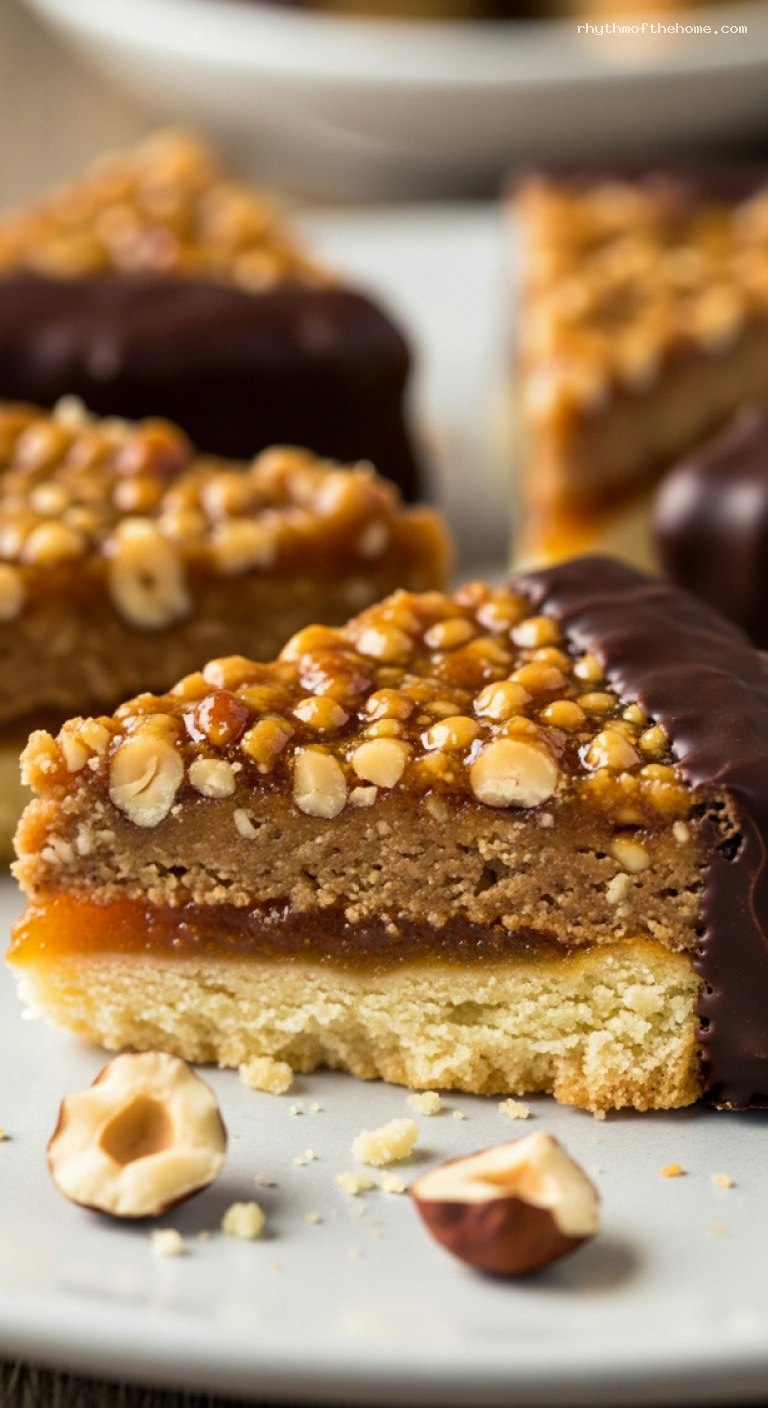 German Nussecken Hazelnut Shortbread Triangles With Dark Chocolate – Closeup