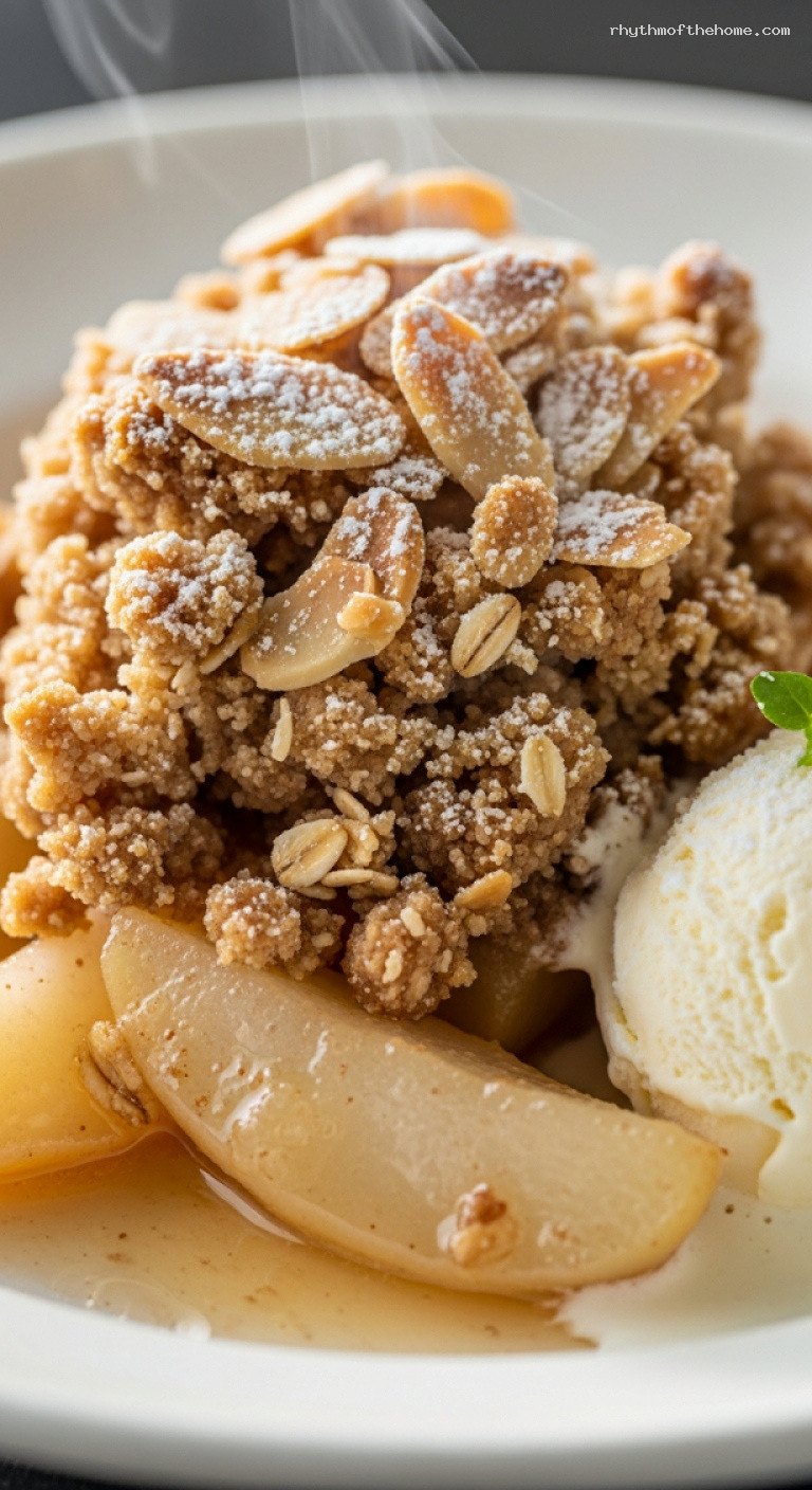 German Pear Crumble with Cinnamon-Almond Streusel – Closeup
