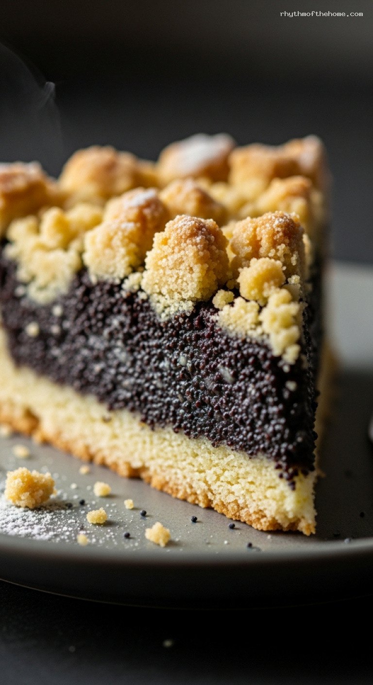 German Poppy Seed Mohnkuchen With Buttery Crumble Topping – Closeup