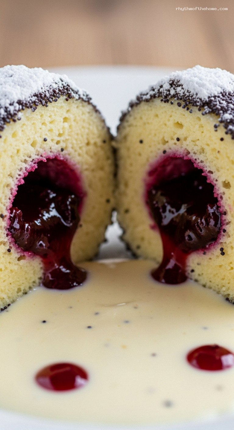Germknödel: Steamed Yeast Dumplings with Plum Jam and Poppy Seeds – Closeup